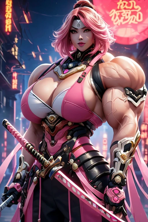 ((((Massive, beautiful, buff, muscular light brown skinned female samurai with shocking pink hair, black lipstick, ginormous bulky muscles, holding a pink fire sword and wearing an all pink cyber samurai armor with pants)))), {close view}, black eyeliner, massive muscles, large breast, massive biceps, hyper muscle triceps, (angled bob cut), red eyes, samurai boots, In a futuristic city, sleeveless, steel samurai armor, nighttime, closed smile, hyper muscles arms, hyper muscle legs, ginormous arms