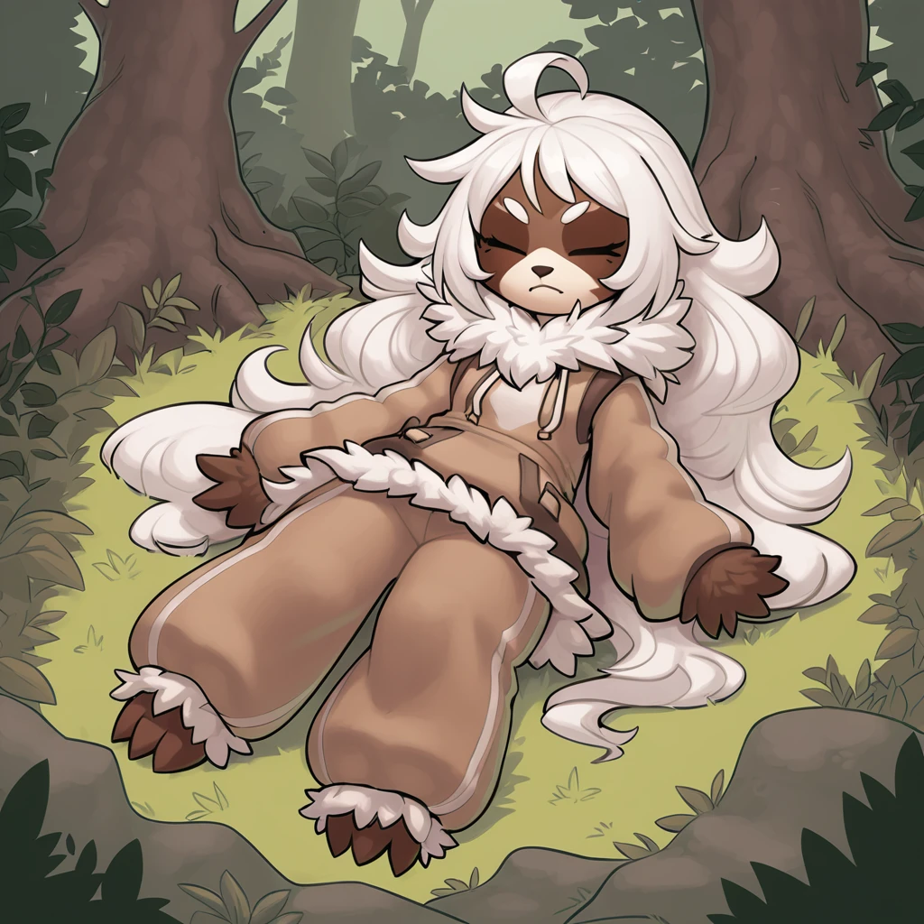 Sloth monster girl with tan and light-brown fur with white hair that has two upright tufts and a neck mane of white fur wearing lazy outfit and laying down on side looking sleepy and angry in a patch of forest