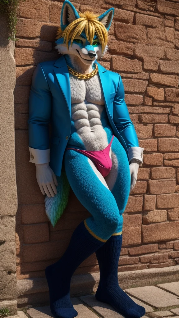 a fursuit Fox male muscular adult alone Italian 35 years old blue coat Golden hair gold chain and green eyes looking at the viewer with a seductive smile wearing nothing just a cute and very revealing gay thong is outdoors posing for camera somewhere random in Italy. Holy shit, what a sensual pose. (leaning against the wall:1.1) (spicy provocation) ( ͡° ͜ʖ ͡°) Now some socks like those used in adult films.