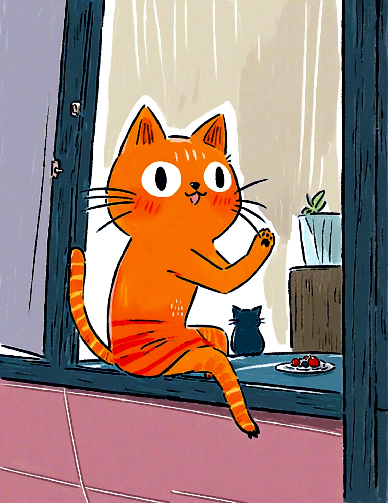 cat sitting on a windowsill, watching the birds outside.