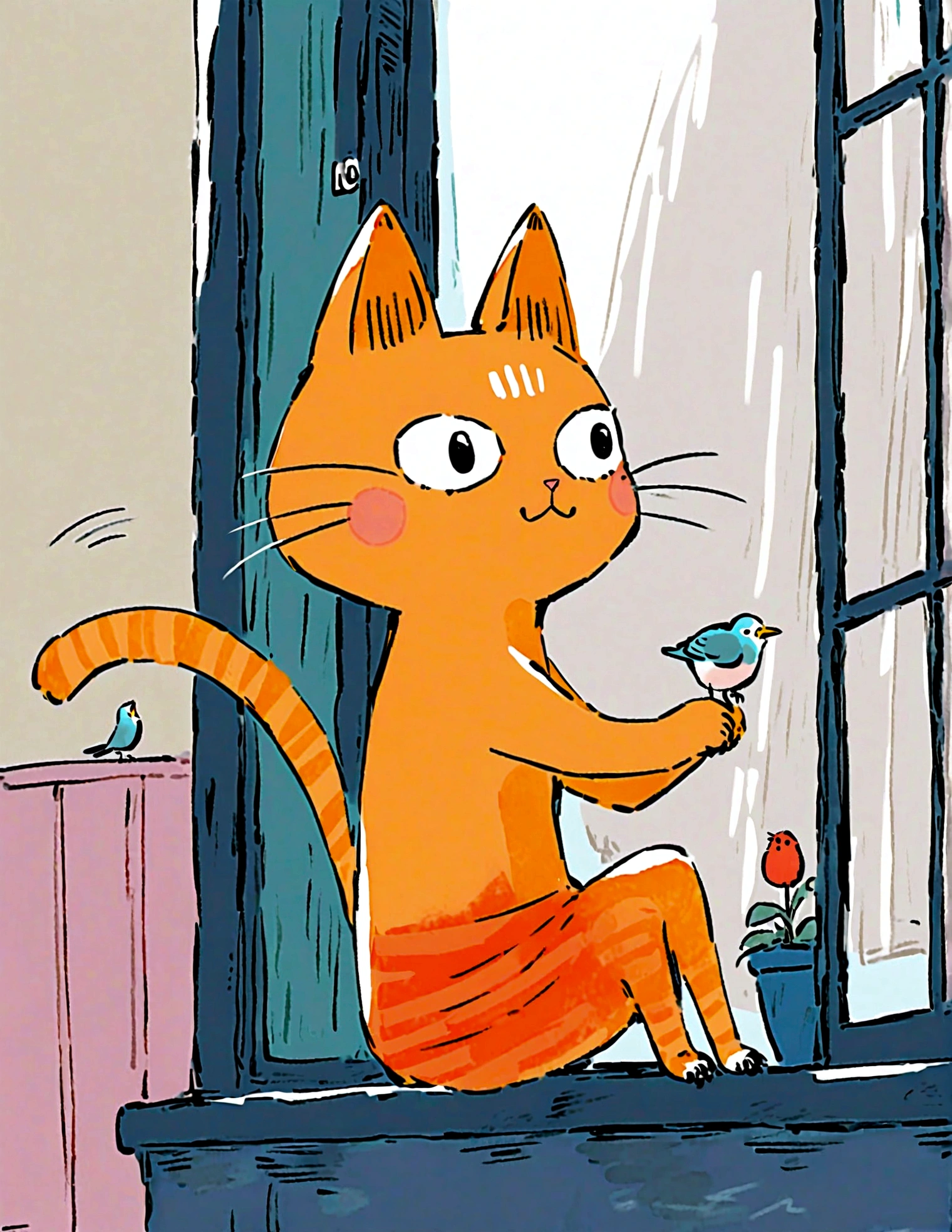 cat sitting on a windowsill, watching the birds outside.