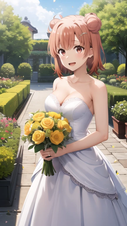 masterpiece, best quality, highres, Yuigahama Yui, short hair, single hair bun, red eyes, ???????, wedding dress, white dress, strapless, cleavage, smile, open mouth, holding bouquet, confetti, garden