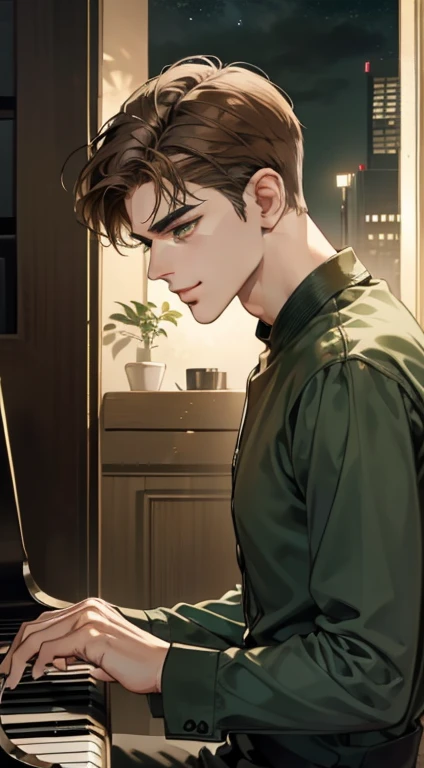 masterpiece, best quality, realistic, 1man, mature male, quiet and charming young man, 35 years old, close his eyes, smirk, closed mouth, extremely detailed face, a little distant, ((dark green eyes)), ((short-side-swept sandy brown hair)), [thick eyebrows], playing piano, 4K, cool light setting, (in the night)