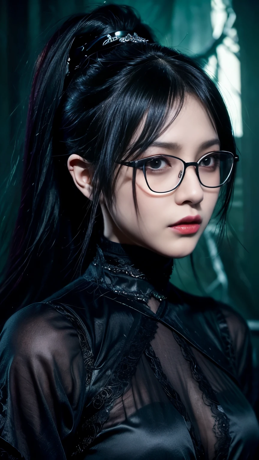 (highest quality,4K,8k,High resolution,masterpiece:1.2),Very detailed,(Realistic,photoRealistic,photo-Realistic:1.37), Close-up of a woman with dark hair and wearing a black dress, 20-year-old woman、(ponytail:1.3)、((((Glasses))))、Dark Theme、Calm colors調、Calm colors、High Contrast、(Natural skin texture、Hyperrealism、Soft Light、sharp)、(Masseter region:1.3)、Beautiful expression、(A vivid face)、Beautiful Hairstyles、Realistic eyes、Beautiful details、(Realistic Skin)、Beautiful skins、(black lace bodysuit)、Absurd、Golden Ratio、Center of chest、Supermodel、Dark Eyes,an ominous笑顔,Evil Aura,Burning Flames,Soul Corruption,Dark Shadows,an ominous雰囲気,Strange symbols,Cursed Land,Eternal Darkness,An unforgettable presence,Grotesque features,Horror Scene,nightmare to be born kimono,twisted reality,Scary atmosphere,A wonderful work of art,Evil Unleashed,Supernatural horror,Spooky art,nightmare fuel,Terrifyingly clear,Abstract fear,Terrifyingly beautiful,A devilish masterpiece,Fear incarnate,Shadow Chaos,A devilish existence,to be born々Shii Darkness,in style of Dark Fantasy Art, Dark Fantasy Art, 美しく優雅なdevilの女王, Dark Fantasy Art, fantasy dark art, Dark fantasy digital art, Gothic fantasy art, Gothic Dark Maiden, Detailed Texture,Spooky creatures,an ominous雰囲気,Mythical,Space horror,darkness,Mysterious,Dark aesthetic,Fog Background,Eyes of another world,Ancient Gods々, Powerful wizard, Mysterious森の中に立つ. Flowing robes decorated with symbols, Arms stretched out, Powerful,Tentacles,Pitch black blackness,Majestic,Unfathomable depth,nightmare,The existence of the universe,an ominous存在,seeping darknesss,Secrets of the Universe,that'terrible,that (Spooky atmosphere), (Cartoon-like atmosphere),(granular), (Dramatic Shadows), (Dynamic pose), ((Artistically expressed)), ((attractive), (Gothic), (Mysterious Setting), (Moody color palette), (Skillfully drawn), (sense of unease), (Intricate details), (an ominous smile), (an ominous), (attractive eyes), (Horror elements), (attractive composition), (Impressive anatomy),(Striking contrast)), (Exquisite craftsmanship), (Interesting character designs)、Dark Fantasy Portrait, Portrait of the Dark Goddess, Satan Girl,devil,