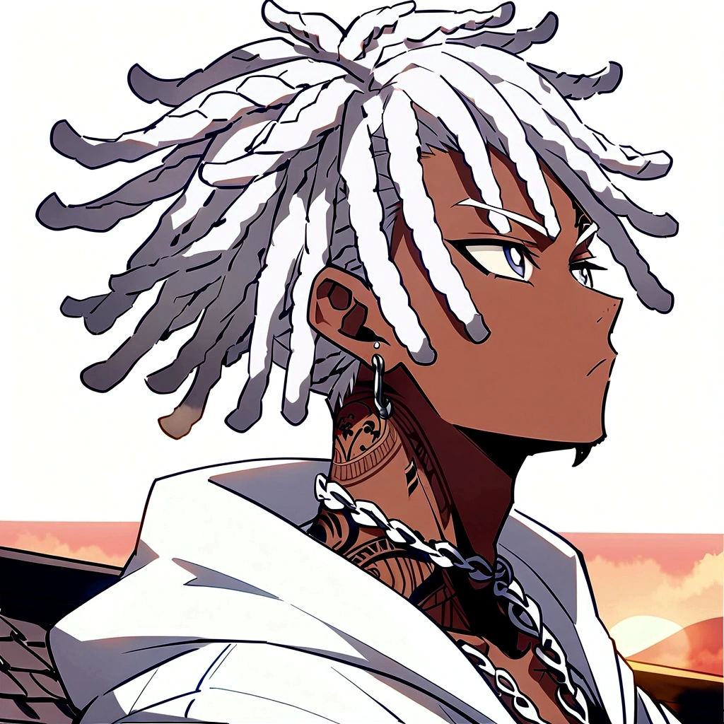 Anime style, A man with white dreadlocks, dark-skinned with white eyes and white pupils,With a small goatee, serious look, xxtentacion, tattoo on his neck, with a white katana with yellow details, sitting on a roof watching the Sunset.