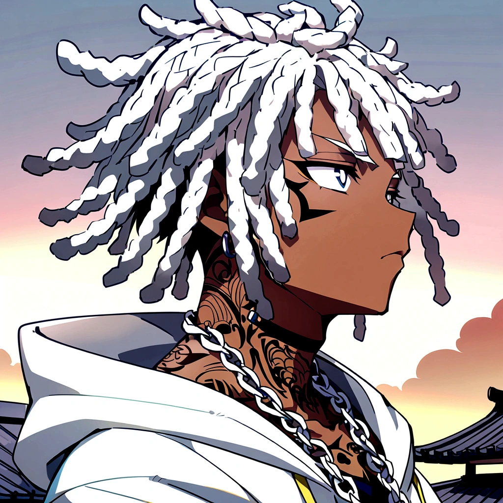 Anime style, A man with white dreadlocks, dark-skinned with white eyes and white pupils,With a small goatee, serious look, xxtentacion, tattoo on his neck, with a white katana with yellow details, sitting on a roof watching the Sunset.