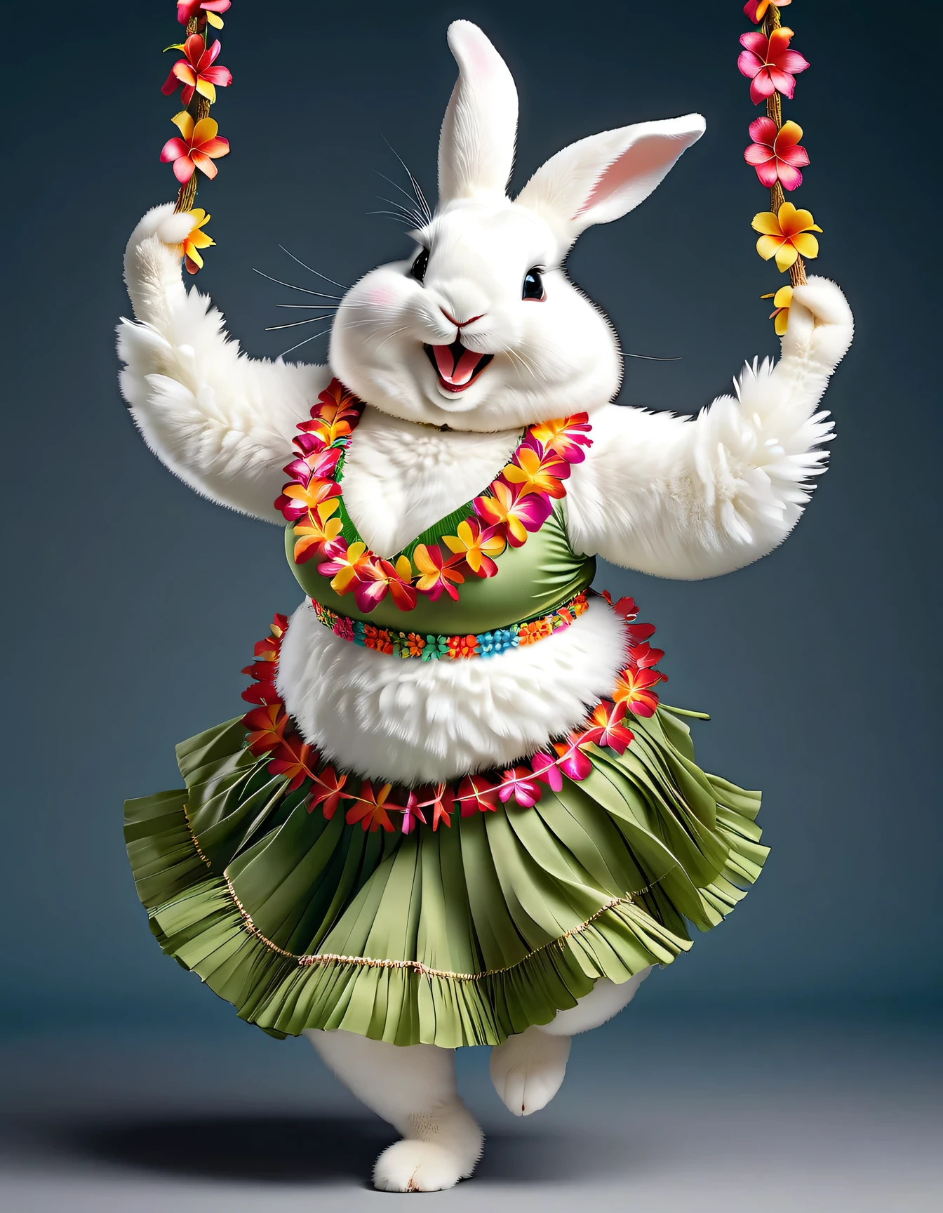 photorealistic portrait of Dressed animals - a ((fat)) angora rabbit hula dancer,(hula dancing:2.0), (swinging arms :2.0),(happy smile:1.2),high quality,(happy),(lovely) ,intricate details, (furry), highly detailed ((female hula dance costume)) ,highly detailed decorations, wearing (bikini) and flower lei , (happy), studio lighting,(full body image:1.5),simple background,(viewed from side:2.0),(perfect hands)