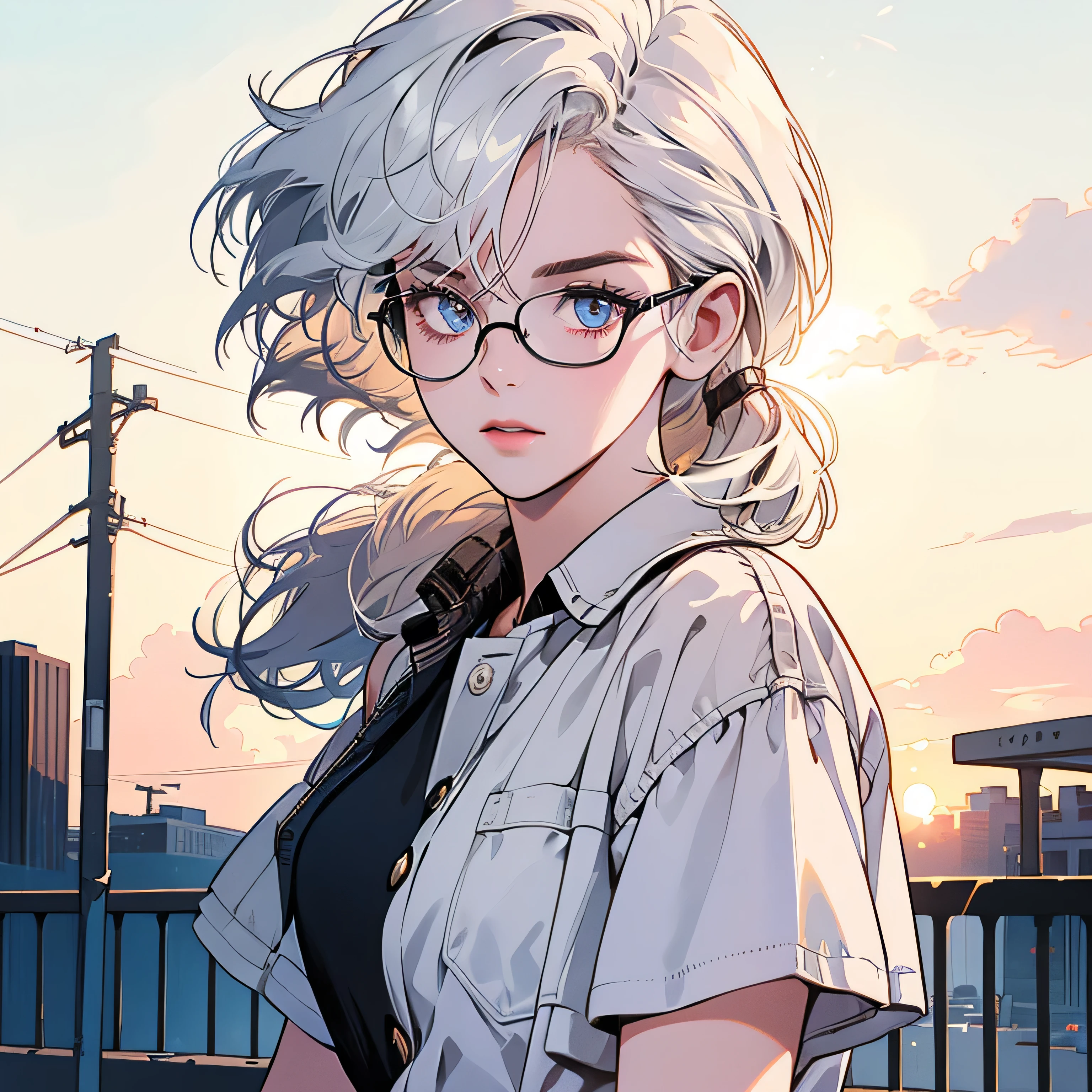 upper body, 1 woman, top quality, 8K, wind blowing, white short sleeves, sunset, future city, skyscraper, power lines, crosswalk, sign, railroad tracks, train station, (((shining eyes))), (((strong gaze))), white hair, detailed hair, complex background, detailed details, light lighting, backlight, dim, clouds in sky, Front, (((Various hairstyles and short hair))),(((mysterious))),(((She wears glasses.)))