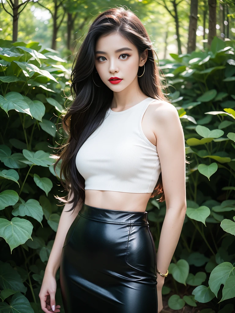 Beautiful girl, long hair, layered hair, femoral, blue eyes, Red lips, light makeup, leather crop top, leather pencil skirt, Black and red color combination outfit, park landscape, tall tree, bush, 