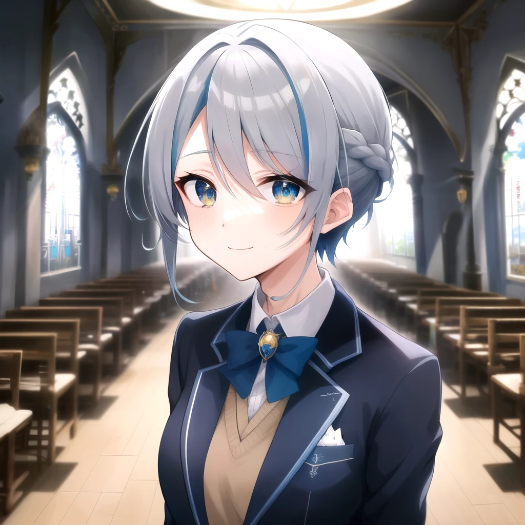 2d, Obra de arte, melhor qualidade, anime, altamente detalhado, corpo todo, 1 garota, Sozinho, olhos azul ciano, cabelo loiro ruivo, wolf cute curto , blazer, gray sweater, standing, sala de aula, sorriso macabro, Tsundere