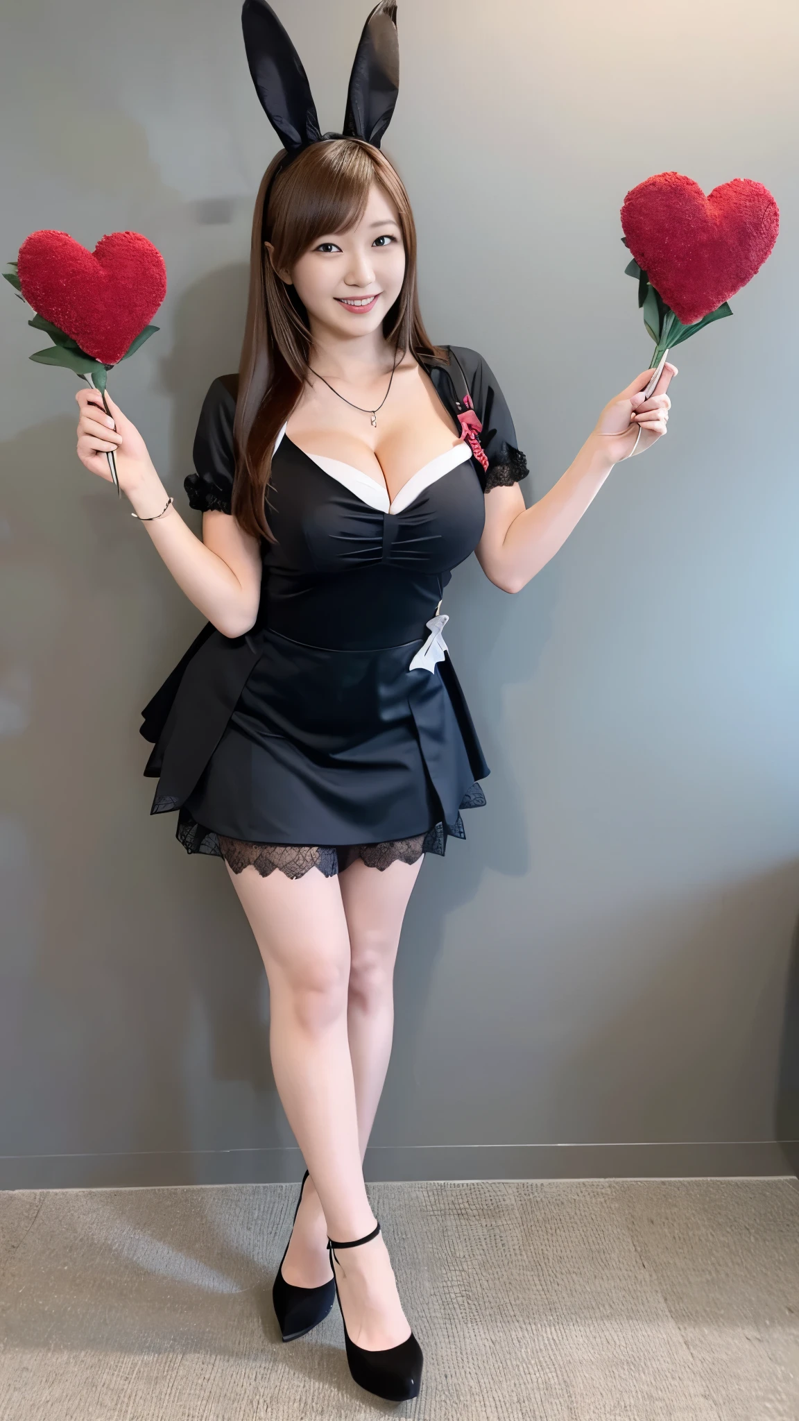 Bunny girl working at maid cafe:1.5，The best smile:1.5，Full Body Shot:1.5，Gray background:1.5，Wearing black high heels:1.5，Heart in hands:1.5，Leaning forward to accentuate cleavage:1.5