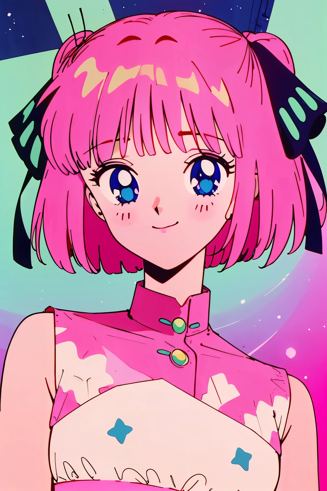 (1girl),(pop style,flat colors,star pattern,pastel,shiny eyes,smile,space vibe,colored lineart,outline,simple,night background, closeup,pastel night aethestic),((masterpiece)) Nino Nakano, nakano_nino, silky pink red hair, hair ribbon, blue eyes, , delicate beauty