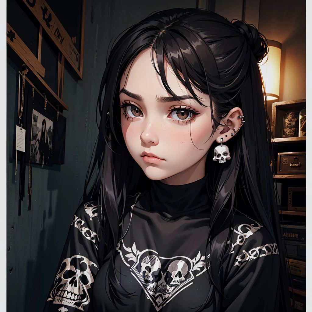 Create a image of a ager girl wearing a black shirt with heavy metal stamps of skulls, she have black long hair and brown eyes,she have a melancholy expression,he stands tall on a room full of posters of bands,she have piercings on his nose.