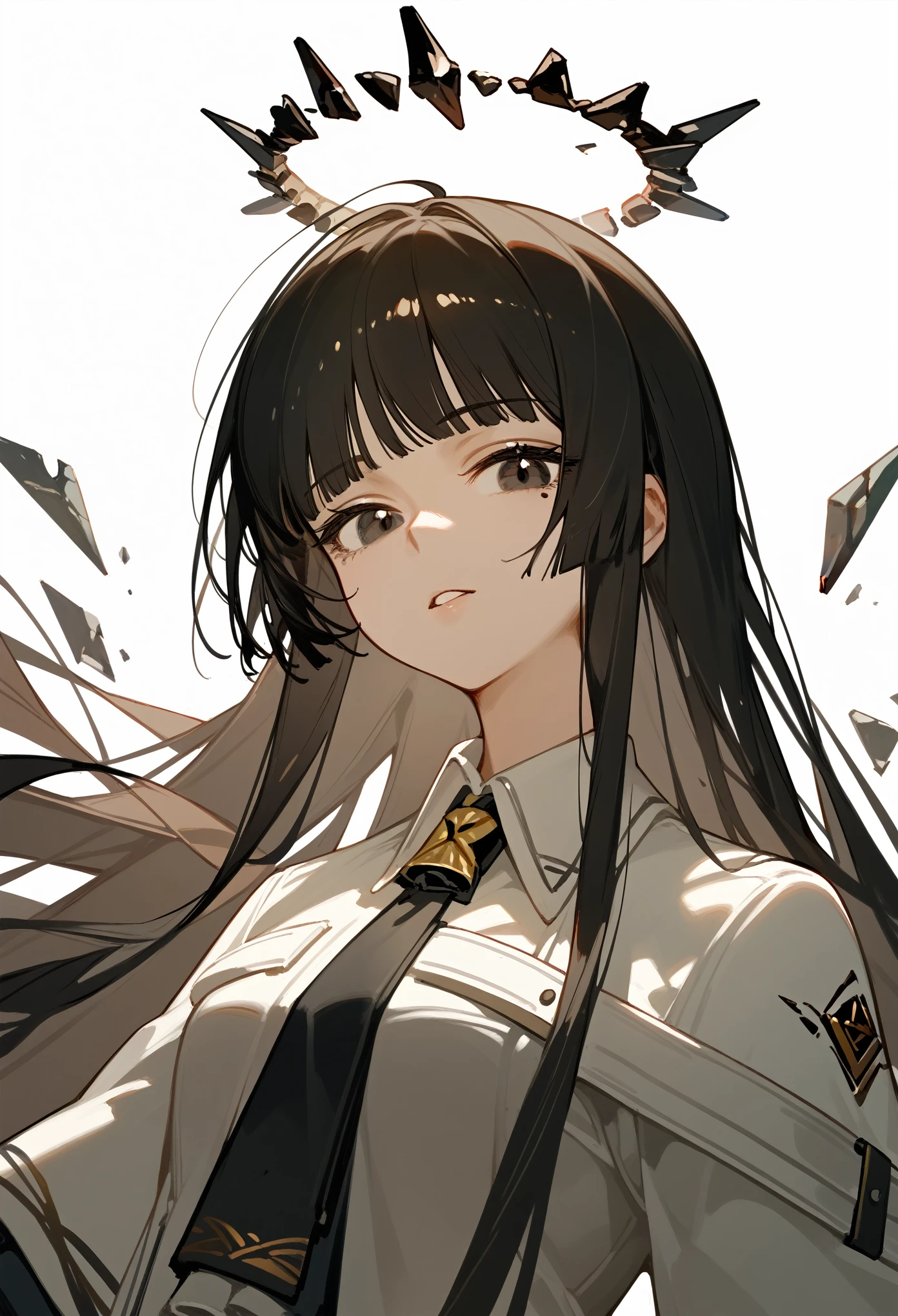 score_9, score_8_up, score_7_up, virtuosa-arknights, 1girl, black hair, blunt bangs, long hair, broken halo, black eyes, mole below eye, white shirt, collared shirt, looking at viewer, relaxed, parted lips, portrait, white background