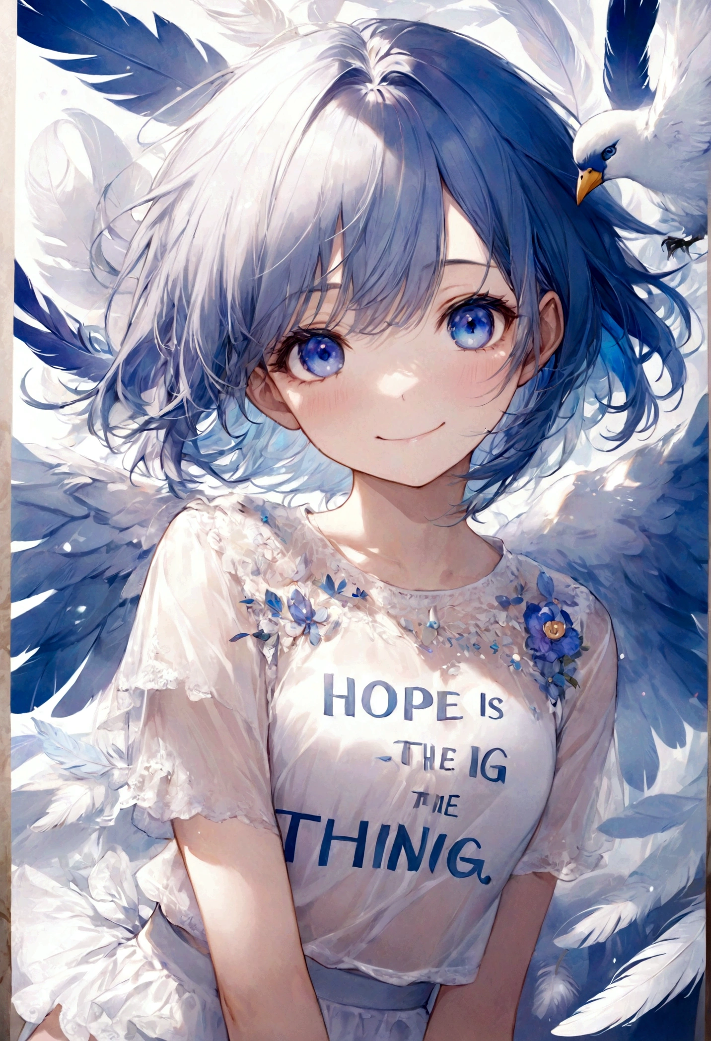 ((top-quality)), ((masterpiece)), ((ultra-detailliert)), (extremely delicate and beautiful), has the words "hope is the thing with feathers" in the center, purple round bird, blue hair girl, blue eyed girl, girl is wearing sheer white shirt, girl is wearing sheer white shorts, girl is smiling, feathers in the background