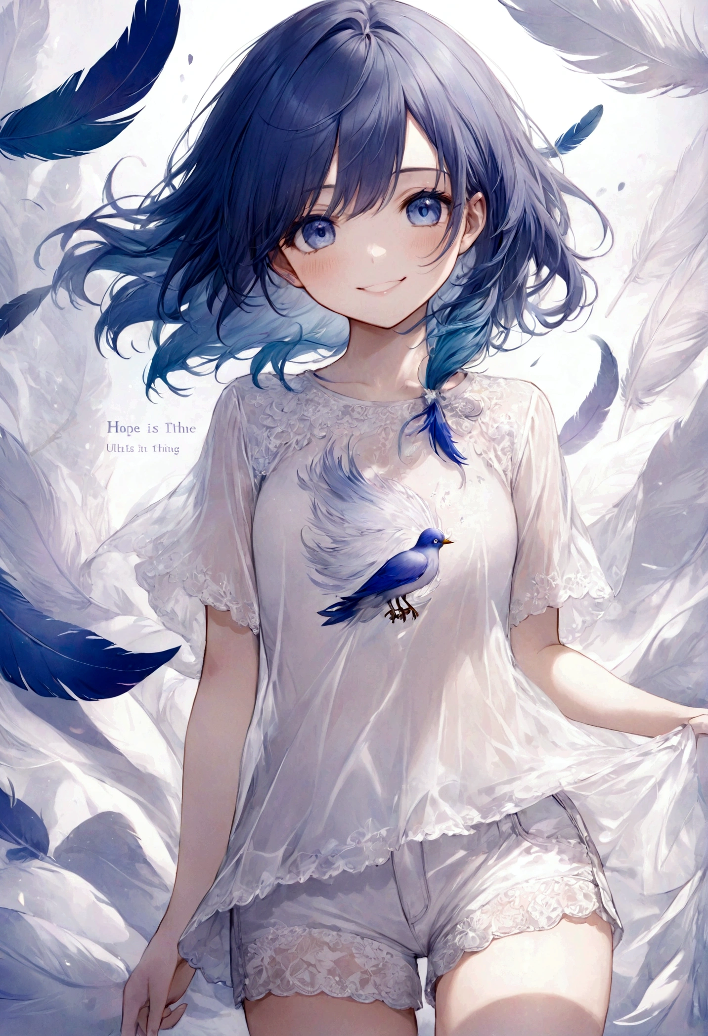 ((top-quality)), ((masterpiece)), ((ultra-detailliert)), (extremely delicate and beautiful), has the words "hope is the thing with feathers" in the center, purple round bird, blue hair girl, blue eyed girl, girl is wearing sheer white shirt, girl is wearing sheer white shorts, girl is smiling, feathers in the background