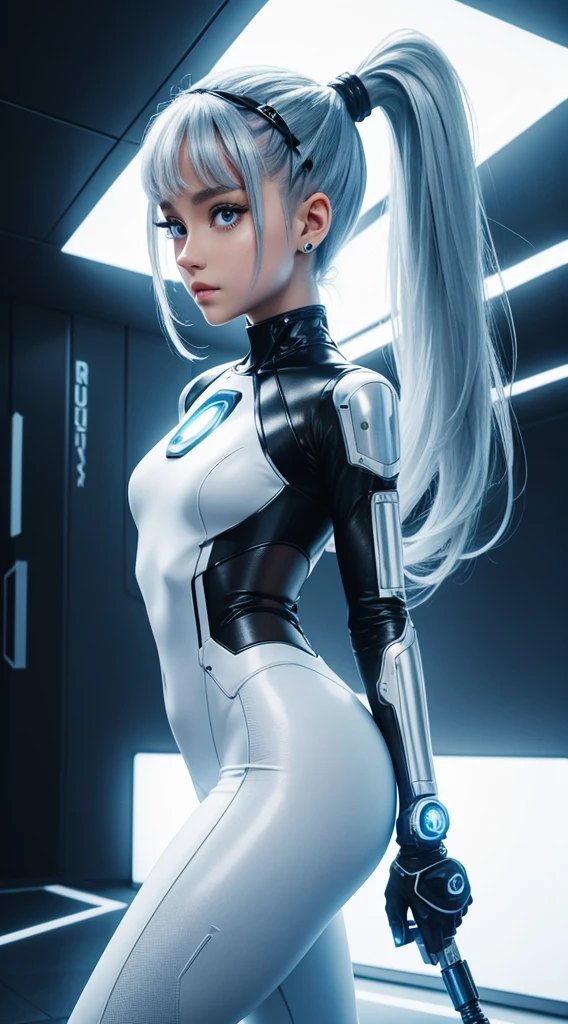 Full-body cybernetic girl with a ponytail. O rosto de Ariana Grande. Bright white color to show that she is a cyber whit laser rifle girl. Sobrancelhas brancas. roupas como catsuit. She also has bright blue eyes. The environment is like a terminator. Hair is platinum. She is illuminated with the bright blue color on one side of her face. Led como. And both hands also have the led light.