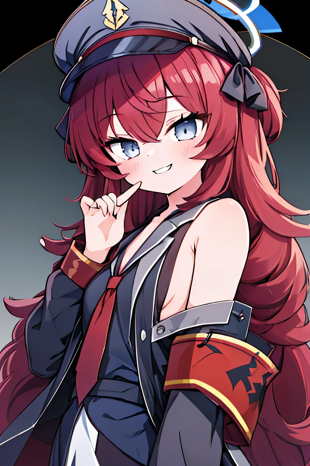 One girl, Low - Angle,(A Seductive Smile),  Upper Body, Iroha，fluffy long hair,  Halo, Black long suit,Black inner shirt(Oversized)，Red tie,Red hair,military cap，Grey Eyes，((Seductively narrowed eyes))，Blue Archive