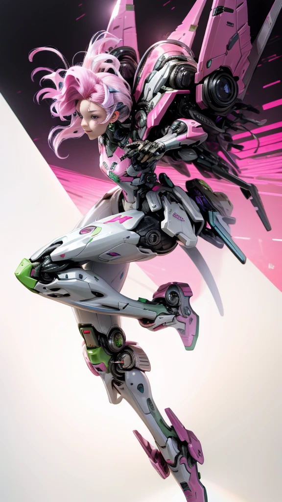 A mecha with pink and purple hair, in an orange and green pastel, dreamlike, whimsical, cool, futuristic, minimalist style