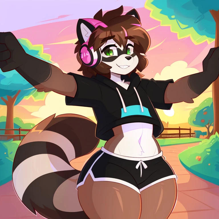 Raccoon boy, male, femboy, femenine body, Slim body, femenine looking, thick thighs, thight red sportwear, thight black shorts, brown hair ((dyed hair)), brown fur, brown body, green eyes, short messy hair, park, sunset, detailed lighting, detailed shading, masterpiece, detailed body,  headphones, (by Kilinah, by Coffeesoda, by Hioshiru, by Kilinah), frontal camera, frontal view, stretch