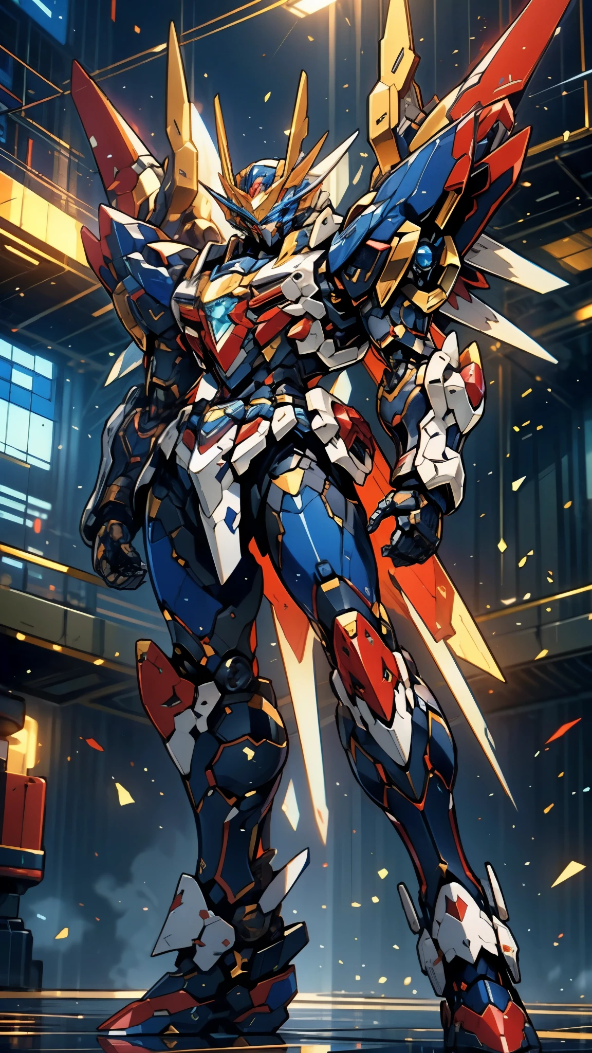 Humanoid Mecha, fully enclosed shoulder guards, matching arm and leg guards, full body, full armor, super robot, the design balances heavy with agility, (the color scheme is primarily white with red and blue accents, the concept Inspired by super robot, royal style chest armor, pose, standing, floating high above the futuristic sci-fi city), exquisite and mature art style, (aura effect, energy, glowing eyes, the armor glows), ((SRS)), metallic, dramatic, high definition, best quality, highres, ultra-detailed, ultra-fine painting, extremely delicate, professional, perfect body proportions, anatomically correct, symmetrical face, extremely detailed eyes and face, high quality eyes, creativity, RAW photo, UHD, 32k, Natural light, cinematic lighting, masterpiece-anatomy-perfect, masterpiece:1.5