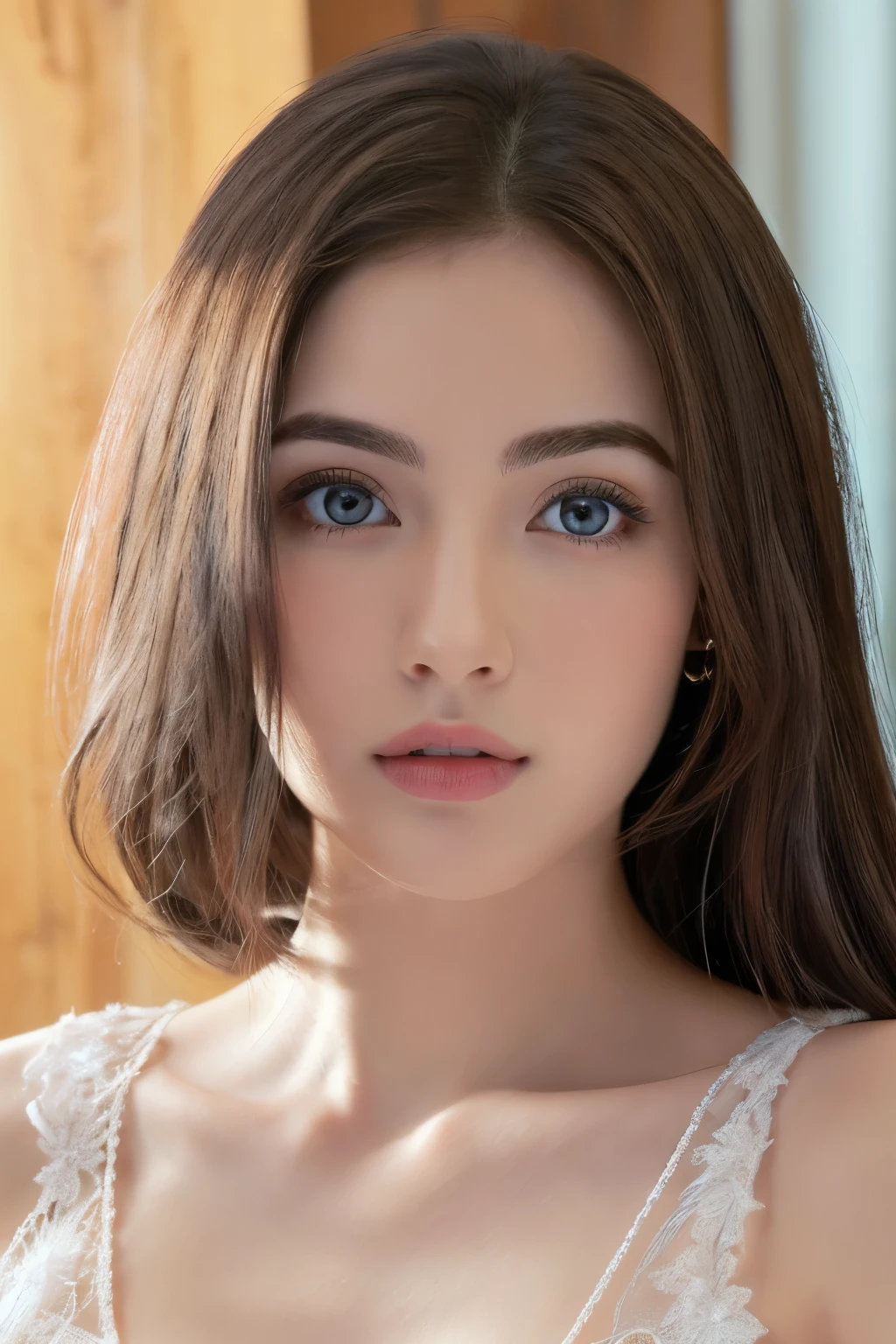 (((32k,high details,high detail、masterpiece,attention to detail,alone))),Raw photo & realistic atmosphere,beautiful dark blue eyes,detailed mouth,glossy lips,thin eyebrows,fine eyes、Soft white skin that shines in every detail、Her deep black eyes are very beautiful,lip details、very beautiful face,very well-shaped face、lifelike face,shining beautiful lips,beautiful eyebrows,infinite reality, Realistic young gravure idol,she'she'she'she'she'she's a very cute woman , young gravure idol, young gravure idol, Very beautiful and cute 21 year old beautiful girl,incredibly beautiful and classy,21 year old beautiful girl,natural soft light,(shiny hair,,Beautiful and kind eyes:1.5),gentle smile,well-shaped chest,medium long hair,tie hair,beautiful posture,no makeup,think ahead,