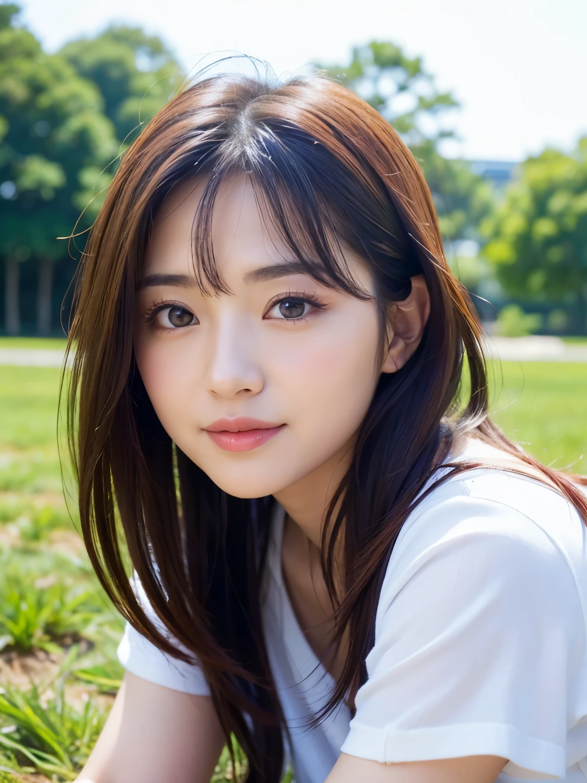 (Best-quality, Masterpiece, Ultra-High-Resolution, (Photorealistic:1.4), Raw Photo, depth of field, professional lighting, perfect anatomy, extremely details), 1girl, the most famous Japanese actress, Sunny day, at noon, In summer park, Lying on grasses, filled with happiness, wearing casual but luxurious clothes and stylish round glasses, (extremely beautiful face like the most popular Japanese actress, (extremely beautiful and extremely big eyes), extremely beautiful skins), extremely beautiful hair, extremely beautiful long-eyelashes, extremely beautiful lips, looking at viewer, innocent smile