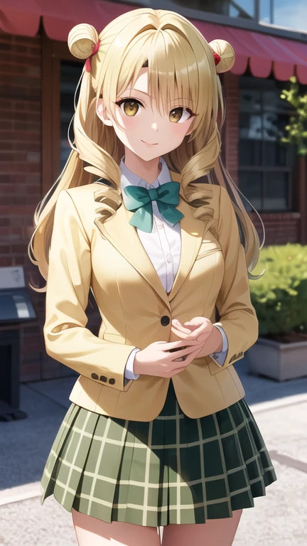 masterpiece, best quality, highres, 1girl, solo, long hair, blonde hair, double bun, drill hair, brown eyes, , green bowtie, blazer, yellow jacket, long sleeves, plaid skirt, green skirt, standing, cowboy shot, outdoors, smile,