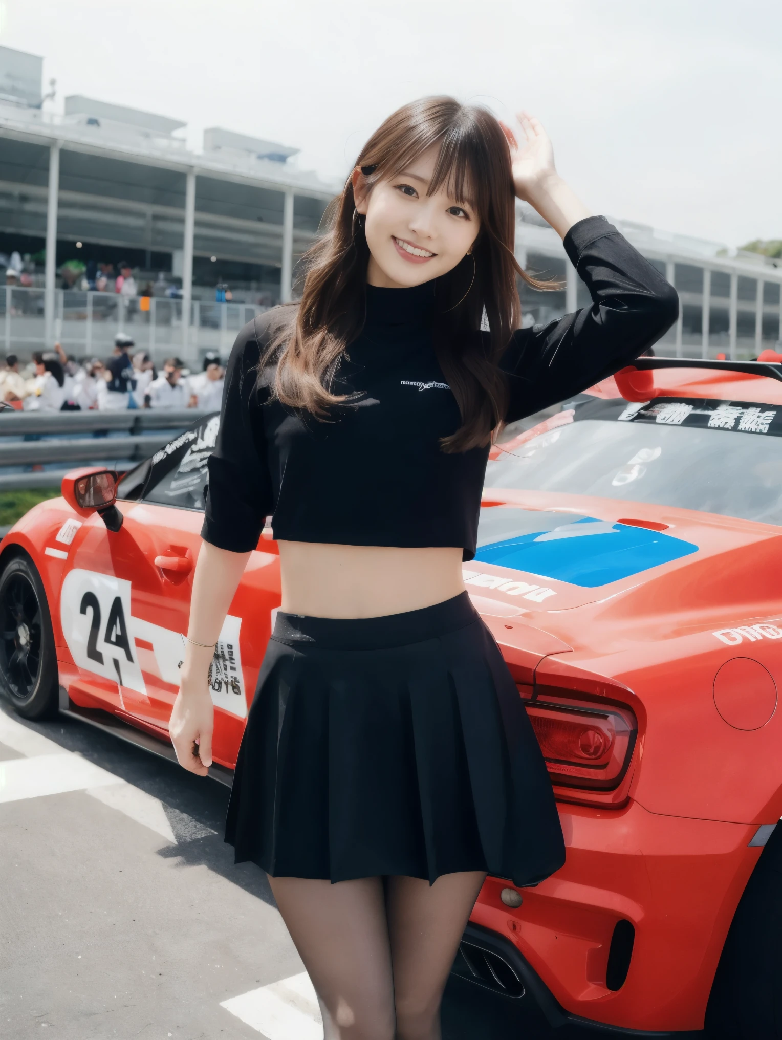 1 girl:1.3),Zent,Black mini skirt,alone,Long Hair,(whole body:1.5),Black Hair,abdomen,smile,Realistic,(Black long boots),Crop top,Are standing,Beautiful Japanese Girl,(Race Queen),wave hands,thin,Detailed aspect,Beautiful Hair,Beautiful Skin,smile,Beautiful person (woman),(dynamic_angle:1.2),Depth of written boundary,, (8k, RAW Photos, highest quality, masterpiece:1.2), (Realistic, photo-Realistic:1.37),Ultra-high resolution, Super detailed, Super detailed, Detailed skin, Sharp focus,(Beige pantyhose)、(黒のRace Queenのエナメルコスチューム)、At a Japanese circuit、Large crowd、Cool sports car、