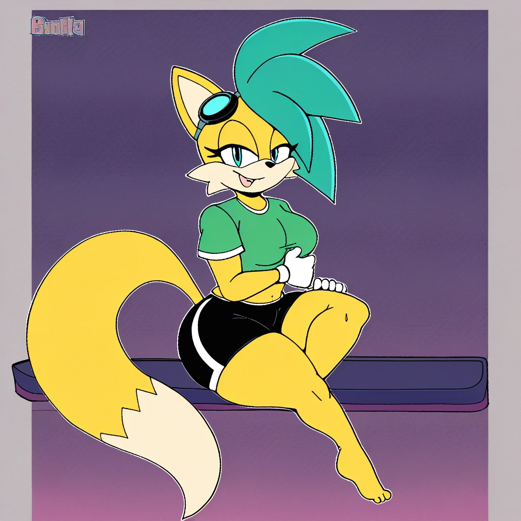 Anthro, female, fox.popvil, wearing black shorts, turquoise Italy green shirt, has thick thighs, extremely detailed legs and thighs, smiley face for a head, sitting down on a code, crossed legs, barefoot, cyberspace environment,