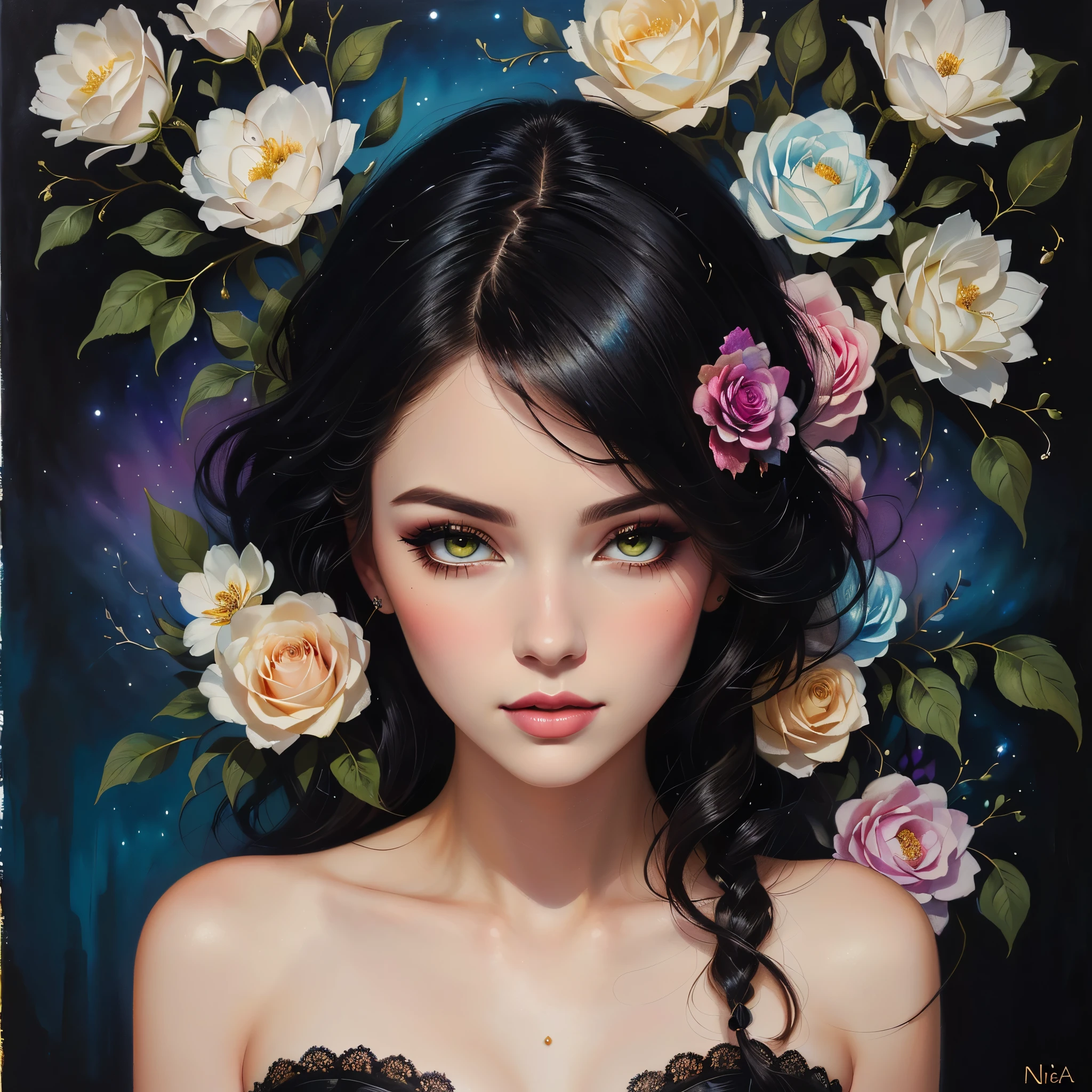 a painting of a woman with a black dress and flowers, inspired by Kelly McKernan, inspired by Harumi Hironaka, inspired by Sandra Chevrier, inspired by Nene Thomas, style of charlie bowater, tom bagshaw style, jana brike art, neoartcore and charlie bowater, in style of tom bagshaw, in style of charlie bowater