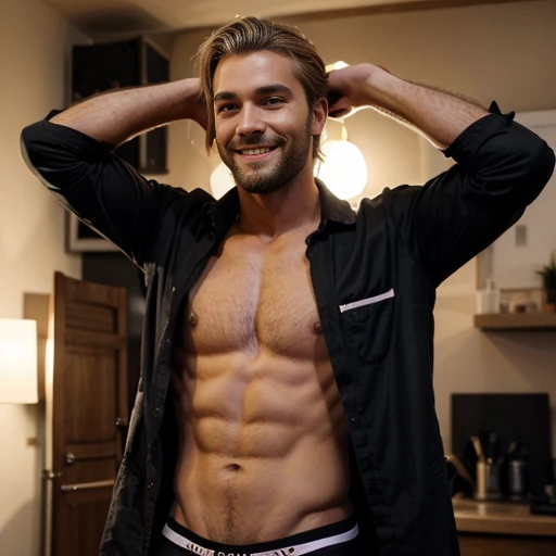Imaginez un homme habile portant une blonde aux cheveux noirs et une barbe avec un sourire habillé en boxer sexy