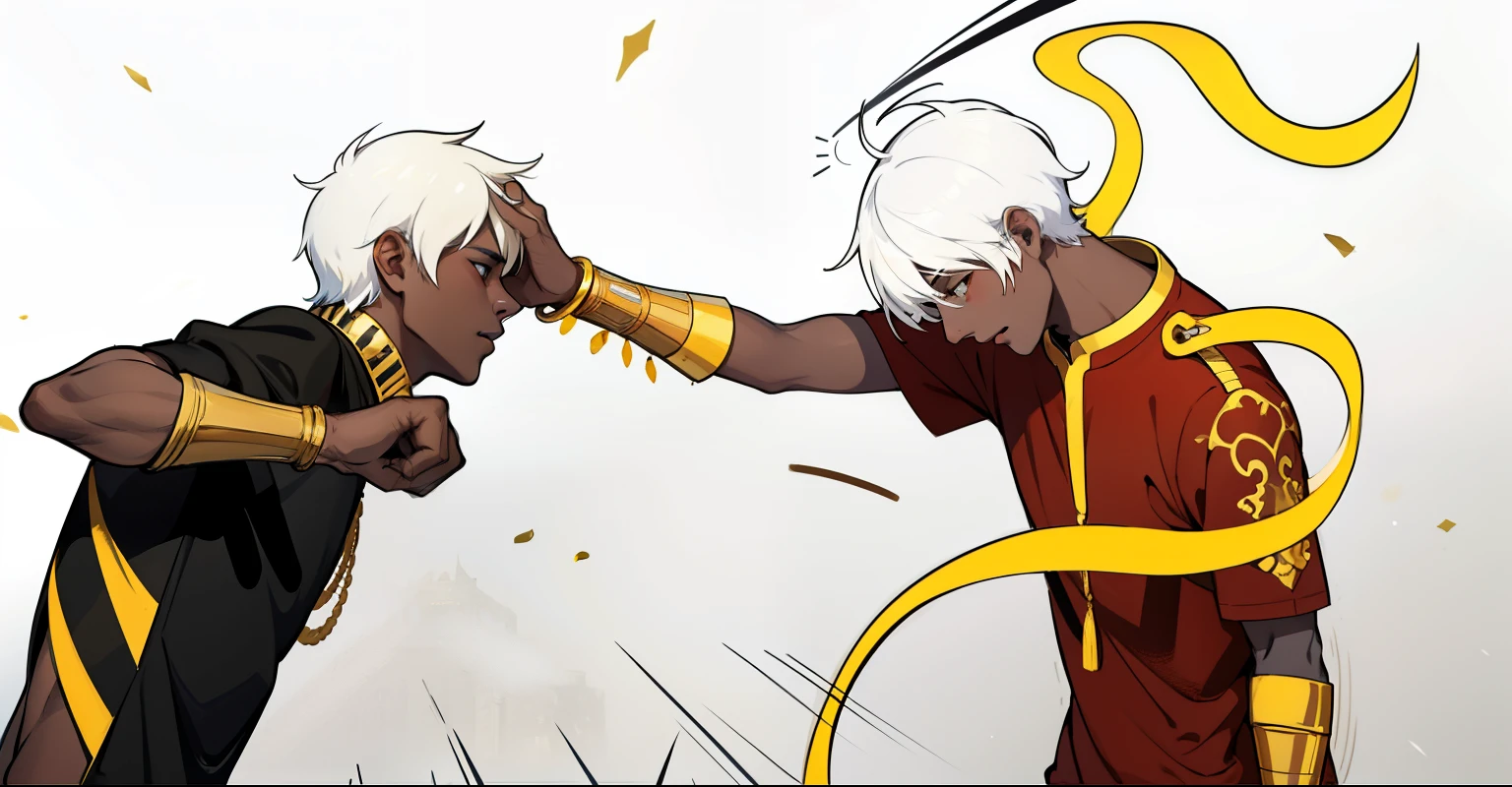 There are two 17-year-old boys with white hair in a fight, golden jewelry, they are in the room of a palace in Egypt, their clothes are black and yellow.