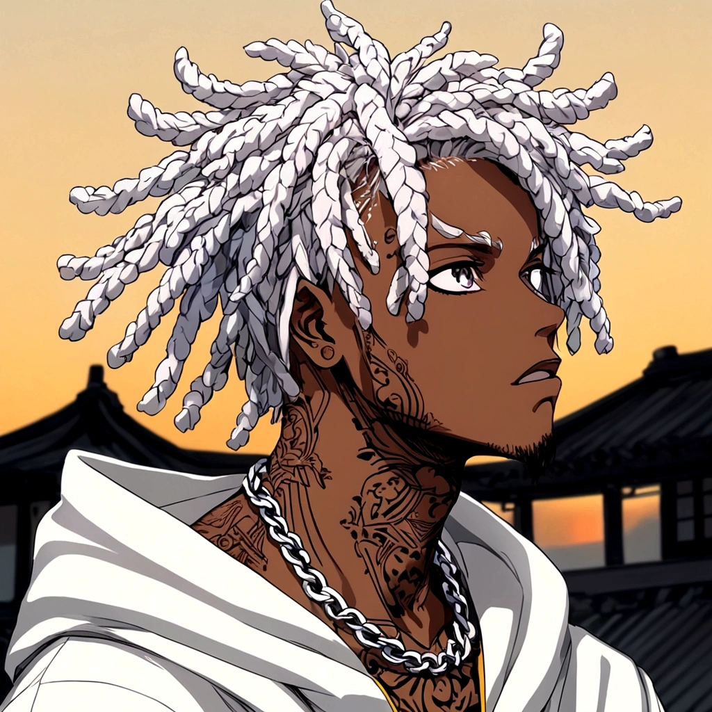 Anime style, A man with white dreadlocks, dark-skinned with white eyes and white pupils,With a small goatee, serious look, xxtentacion, tattoo on his neck, with a white katana with yellow details, sitting on a roof watching the Sunset.