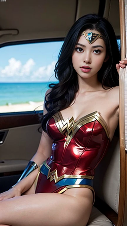 Wonder woman, sit with your legs spread apart,sexy post, in the Amazon.