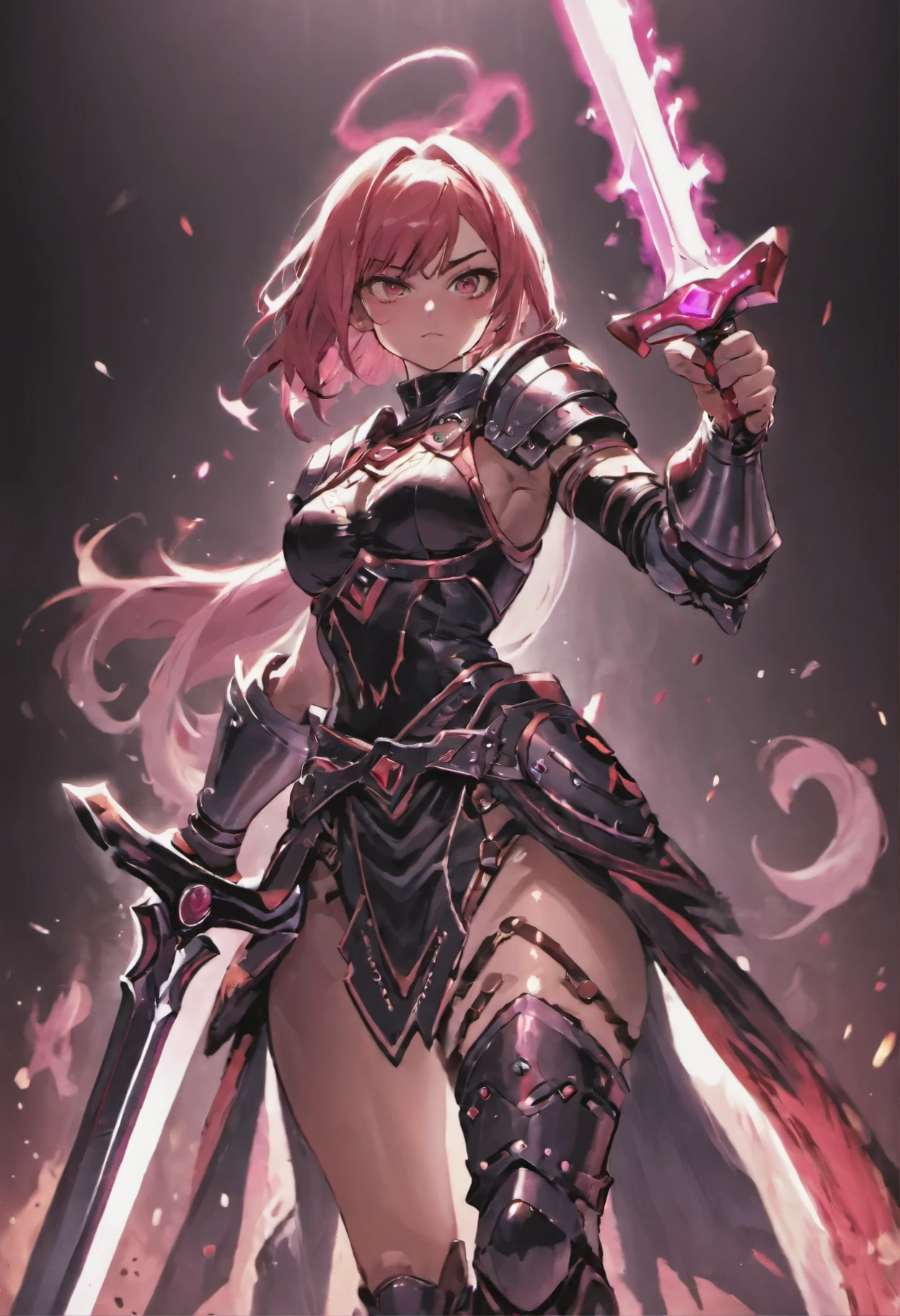 Woman warrior, Close-up photo, Wearing highly detailed thick armor, He is holding a large, heavy sword., Buster Sword, Large sword, Young cyberpunk woman, Realistic, Cinema Lighting, Realistic:1.4