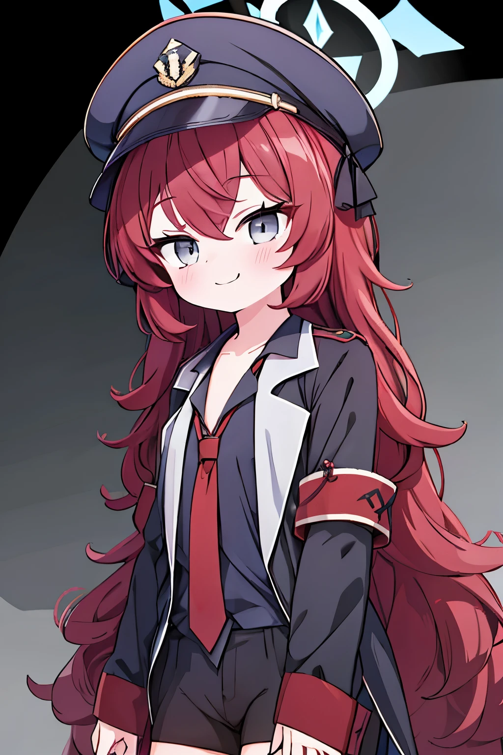 One girl, Low - Angle, A Seductive Smile,  Upper Body, Iroha，fluffy long hair,  Halo, Black long suit,Black inner shirt(Oversized)， "red"tie, Black shorts,Red hair,military cap，"Grey Eyes"，Seductively narrowed eyes，Blue Archive