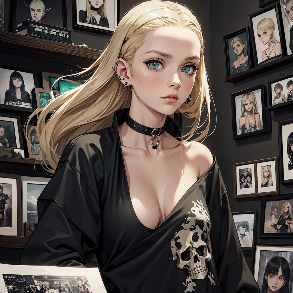 Create a image of a young woman wearing a black shirt with heavy metal stamps of skulls, she have blonde side shaved hair and green eyes,she have a melancholy expression,he stands tall on a room full of posters of bands,she have piercings on his nose.