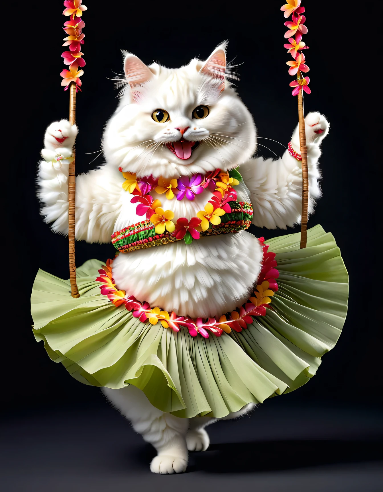 photorealistic portrait of Dressed animals - a ((fat)) angora cat hula dancer,(hula dancing:2.0), (swinging arms :2.0),(happy smile:1.2),high quality,(happy),(lovely) ,intricate details, (furry), highly detailed ((female hula dance costume)) ,highly detailed decorations, wearing (bikini) and flower lei , (happy), studio lighting,(full body image:1.5),simple background,(viewed from side:2.0),