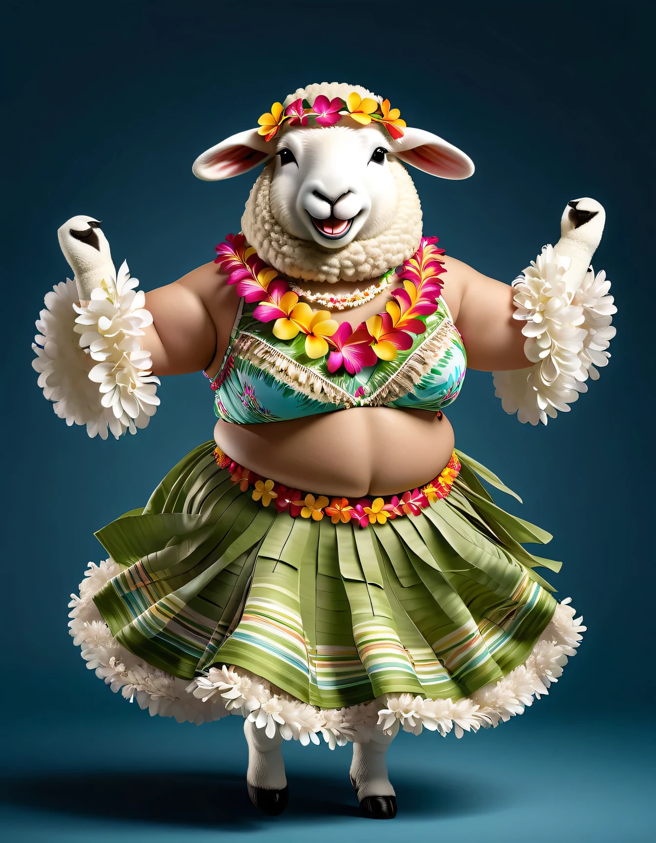 photorealistic portrait of Dressed animals - a ((fat)) sheep hula dancer,(hula dancing:2.0), (swinging arms :2.0),(happy smile:1.2),high quality,(happy),(lovely) ,intricate details, (furry), highly detailed ((female hula dance costume)) ,highly detailed decorations, wearing (bikini) and flower lei , (happy), studio lighting,(full body image:1.5),simple background,(viewed from side:2.0),