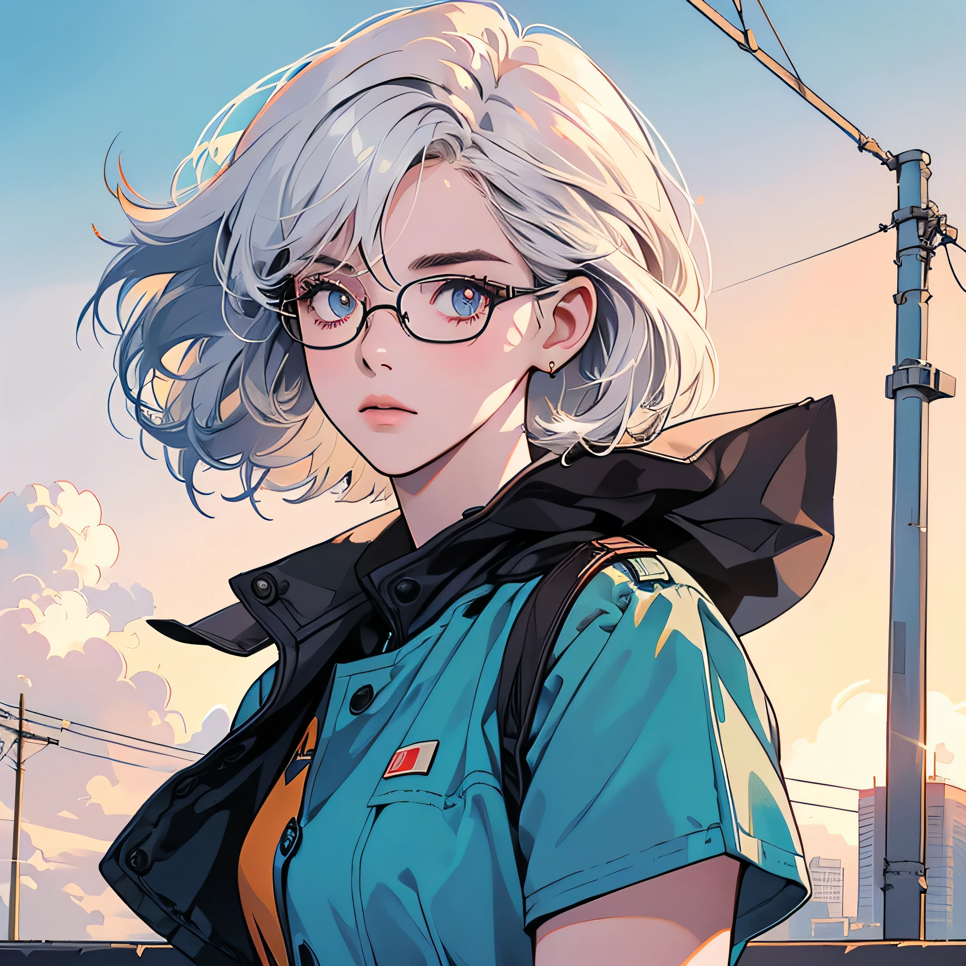 upper body, 1 woman, top quality, 8K, wind blowing, white short sleeves, sunset, future city, skyscraper, power lines, crosswalk, sign, railroad tracks, train station, (((shining eyes))), white hair, detailed hair, complex background, detailed details, light lighting, backlight, dim, clouds in sky, Front, (((Various hairstyles and short hair))),(((mysterious))),(((She wears glasses.)))