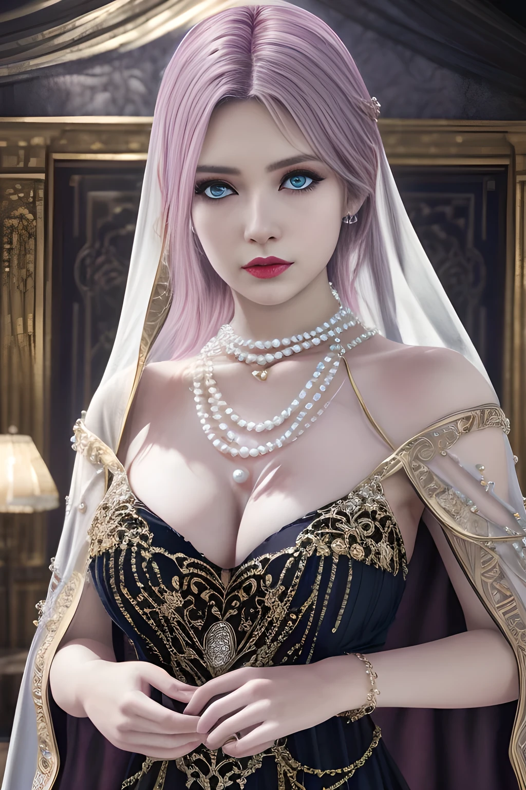 1 girl, ice-crystal embellished dress, jewel, lace cloak, fluffs, pearl bodychain, ethereal glow, regal elegance, intricate details, luxurious, royal, otherworldly beauty, dark atmospheric background, supernatural aura, beautiful detailed eyes, beautiful detailed lips, extremely detailed eyes and face, long eyelashes, (best quality,4k,8k,highres,masterpiece:1.2), ultra-detailed, (realistic,photorealistic,photo-realistic:1.37), sharp focus, vivid colors, HDR, studio lighting, physically-based rendering, elise,