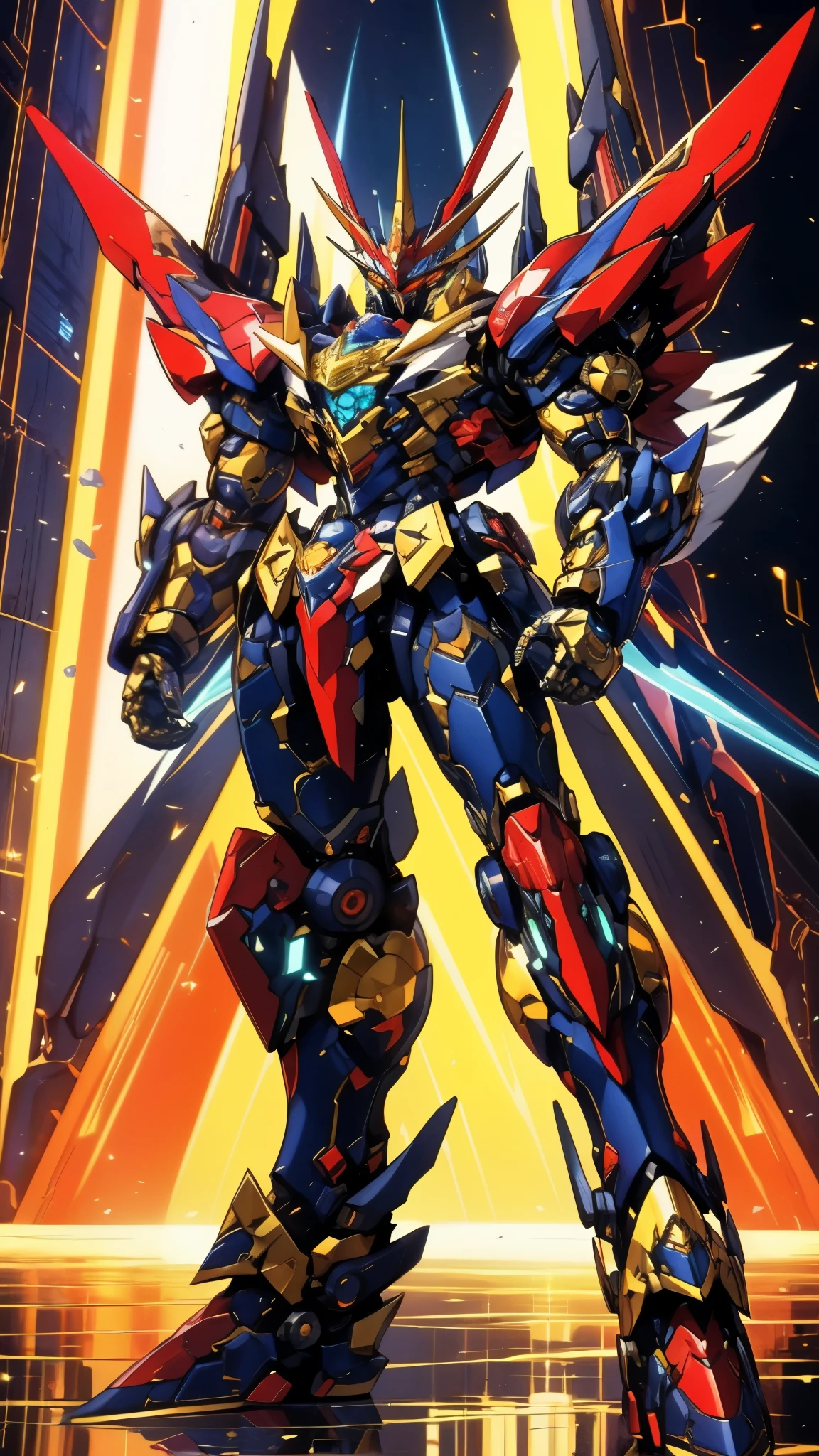 Humanoid Mecha, fully enclosed shoulder guards, matching arm and leg guards, full body, full armor, super robot, the design balances heavy with agility, (the color scheme is primarily white with red and blue accents, the concept Inspired by super robot, royal style chest armor, pose, standing, floating high above the futuristic sci-fi city), exquisite and mature art style, (aura effect, energy, glowing eyes, the armor glows), ((SRS)), metallic, dramatic, high definition, best quality, highres, ultra-detailed, ultra-fine painting, extremely delicate, professional, perfect body proportions, anatomically correct, symmetrical face, extremely detailed eyes and face, high quality eyes, creativity, RAW photo, UHD, 32k, Natural light, cinematic lighting, masterpiece-anatomy-perfect, masterpiece:1.5