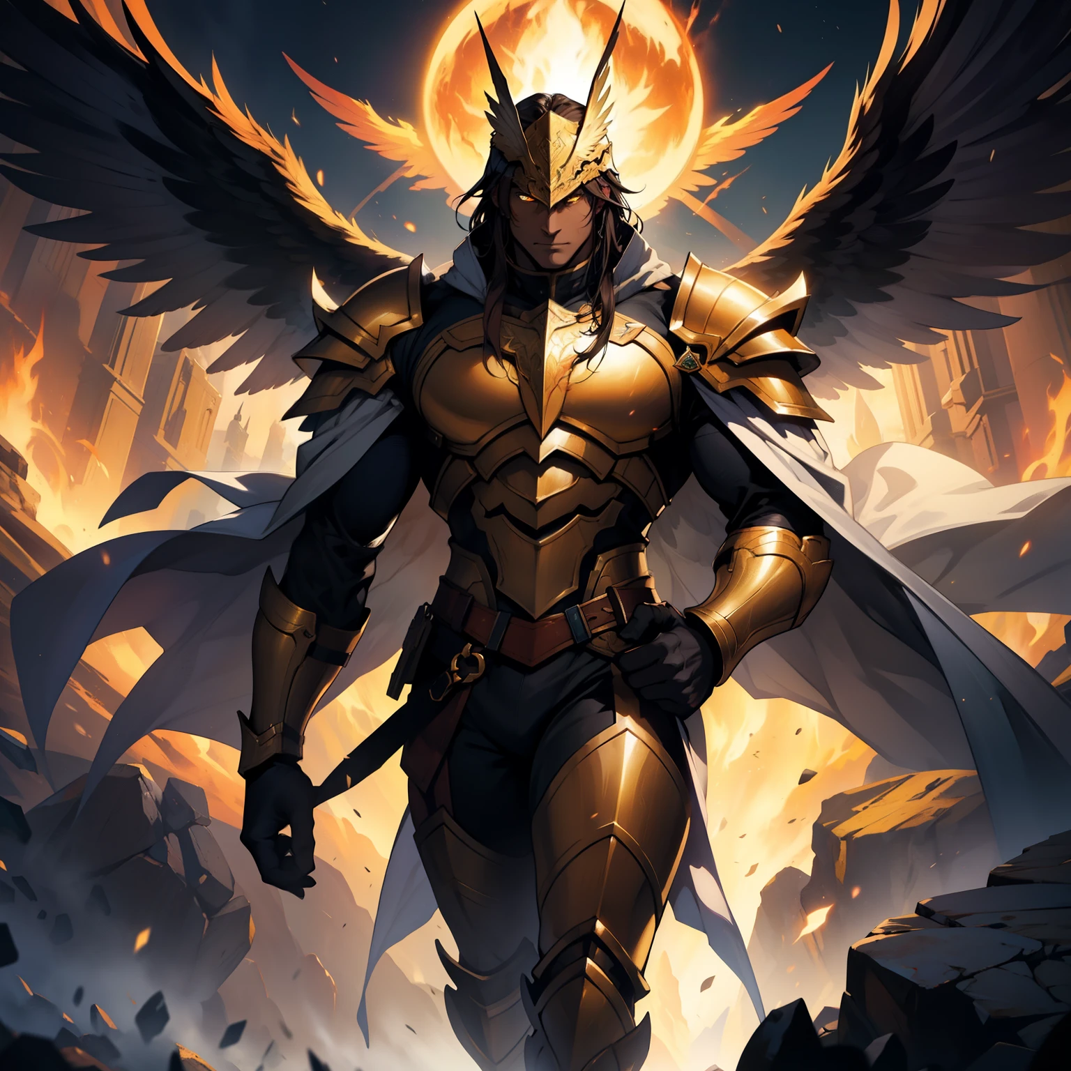 dark skinned man, dark hair, large muscular man, glowing yellow eyes, golden armor, knight, phoenix wings, huge wings, stern expression, flying