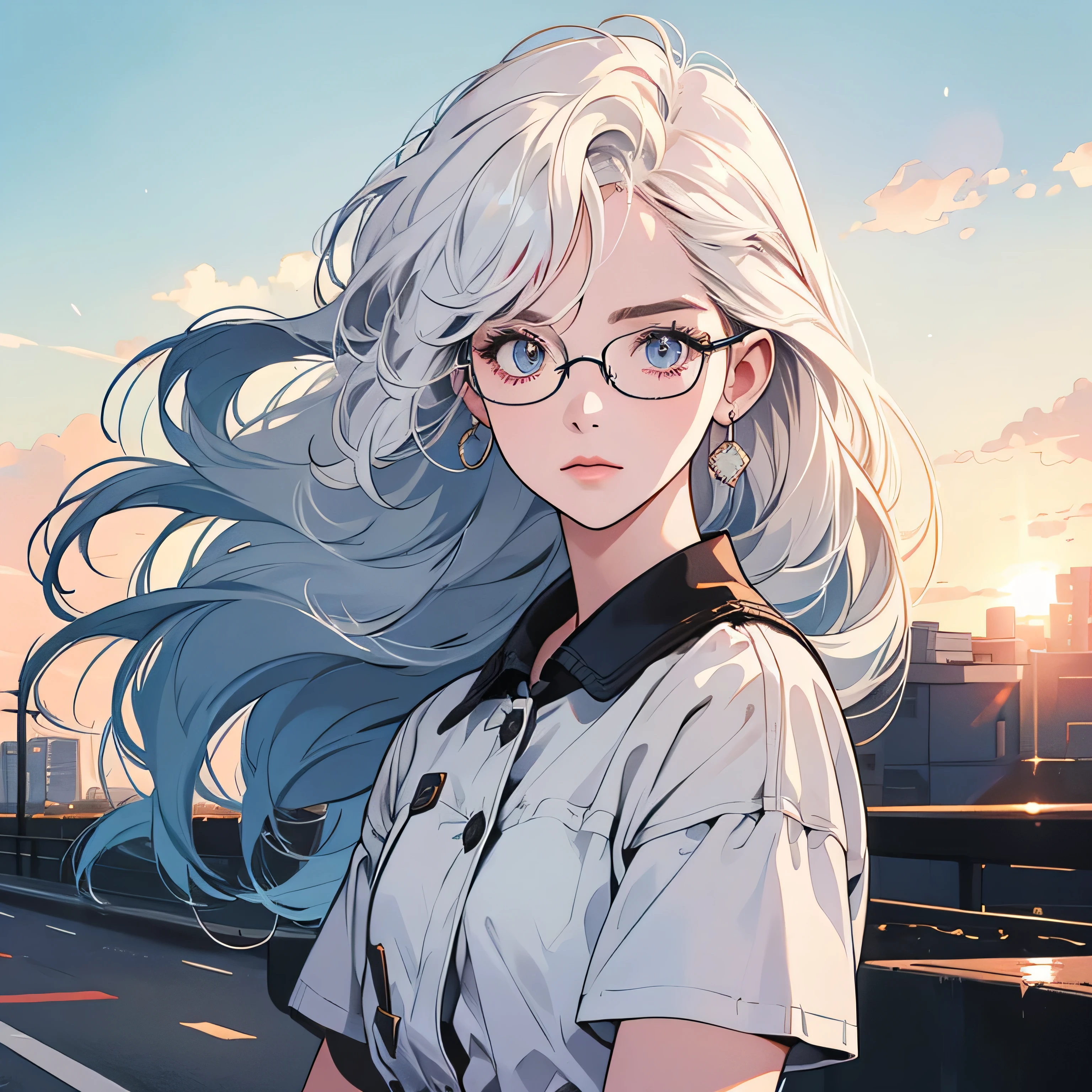 upper body, 1 woman, top quality, 8K, wind blowing, white short sleeves, sunset, future city, skyscraper, power lines, crosswalk, sign, railroad tracks, train station, (((shining eyes))), white hair, detailed hair, complex background, detailed details, light lighting, backlight, dim, clouds in sky, Front,(((Various hairstyles and hair lengths))),(((mysterious))),(((She wears glasses.)))