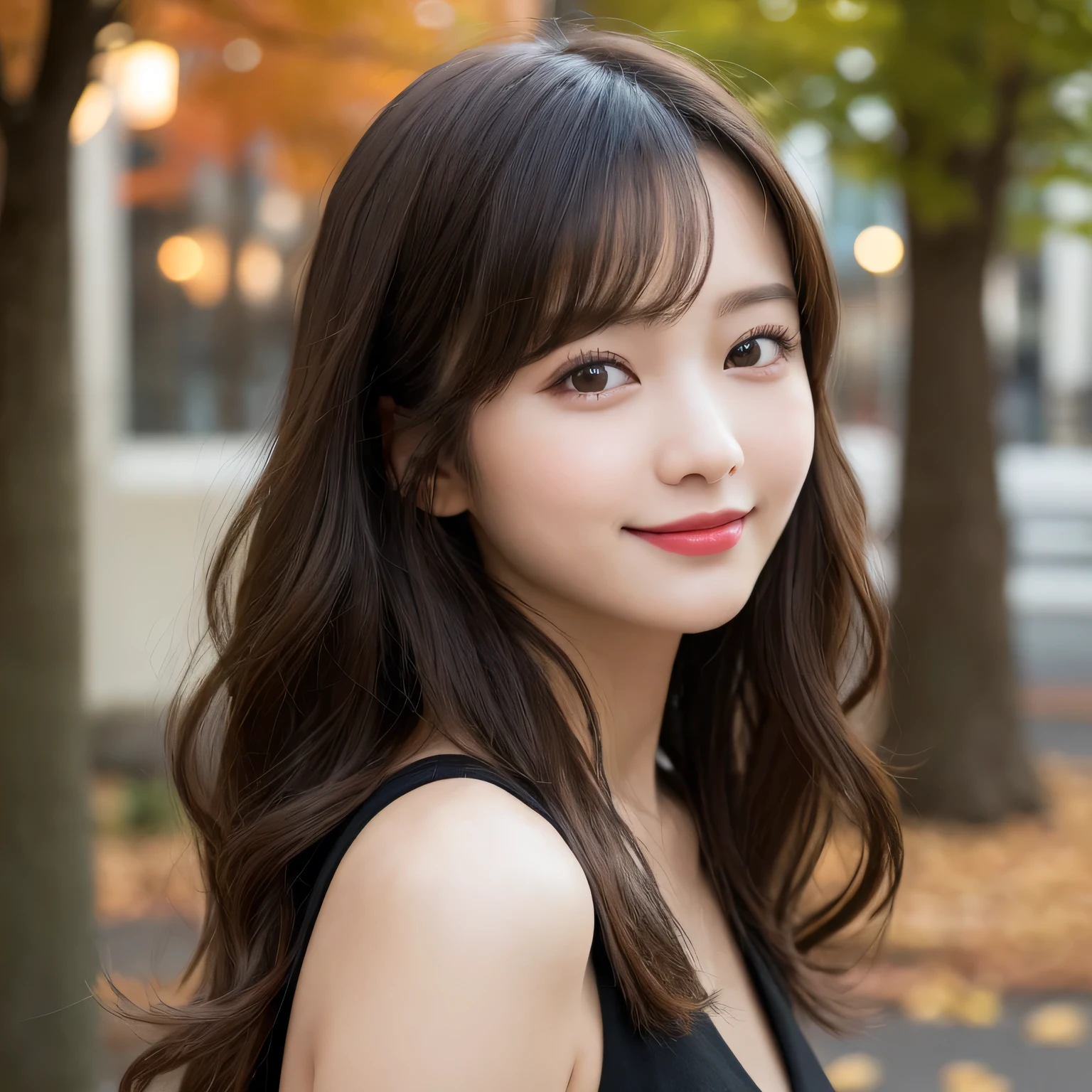 Tabletop, highest quality, figure, Super detailed, In detail, High resolution, 8k wallpaper, Perfect dynamic composition, Beautiful fine details, Autumn fashion for women,Wavy Hair,huge 、Natural color lip, Bold sexy pose,smile,Harajuku、20-year-old girl、cute、sexy shot looking at camera、Close-up of face