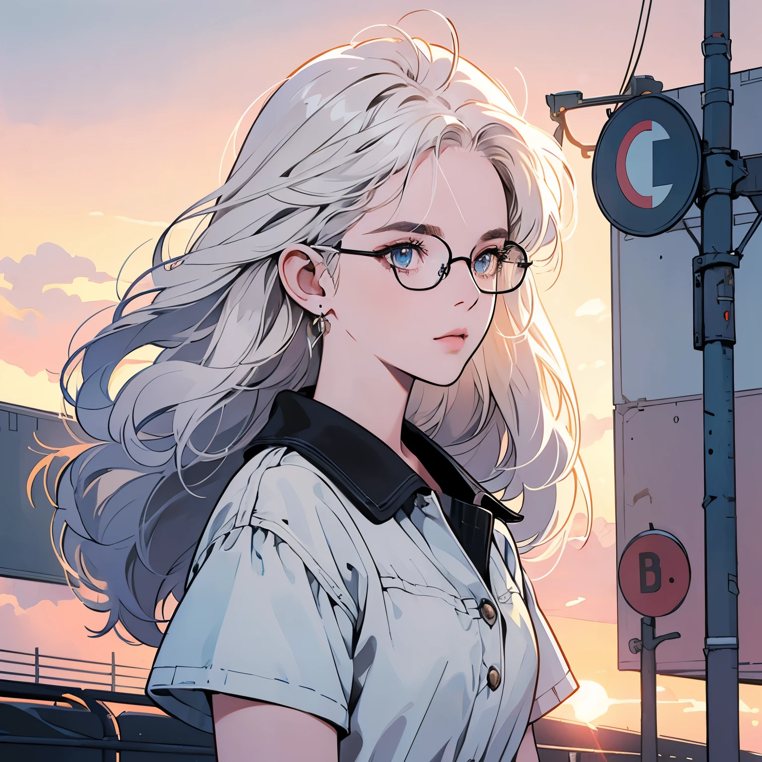 upper body, 1 woman, top quality, 8K, wind blowing, white short sleeves, sunset, future city, skyscraper, power lines, crosswalk, sign, railroad tracks, train station, (((shining eyes))), white hair, detailed hair, complex background, detailed details, light lighting, backlight, dim, clouds in sky, Front,(((Various hairstyles and hair lengths))),(((mysterious))),(((She wears glasses.)))