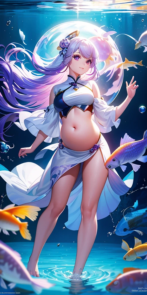 A beautiful and mysterious girl with white hair, purple eyes, and a light smile is underwater in a sealed blue dome, surrounded by koi fish. She is barefoot with long, natural hair and has a pregnant belly. The scene is highly detailed, with dynamic actions, a box composition, and volumetric lighting. The image has a vivid color palette, shiny elements, and a close-up lens perspective, resulting in an award-winning, ultra-detailed, and photorealistic illustration that is trending on Artstation.