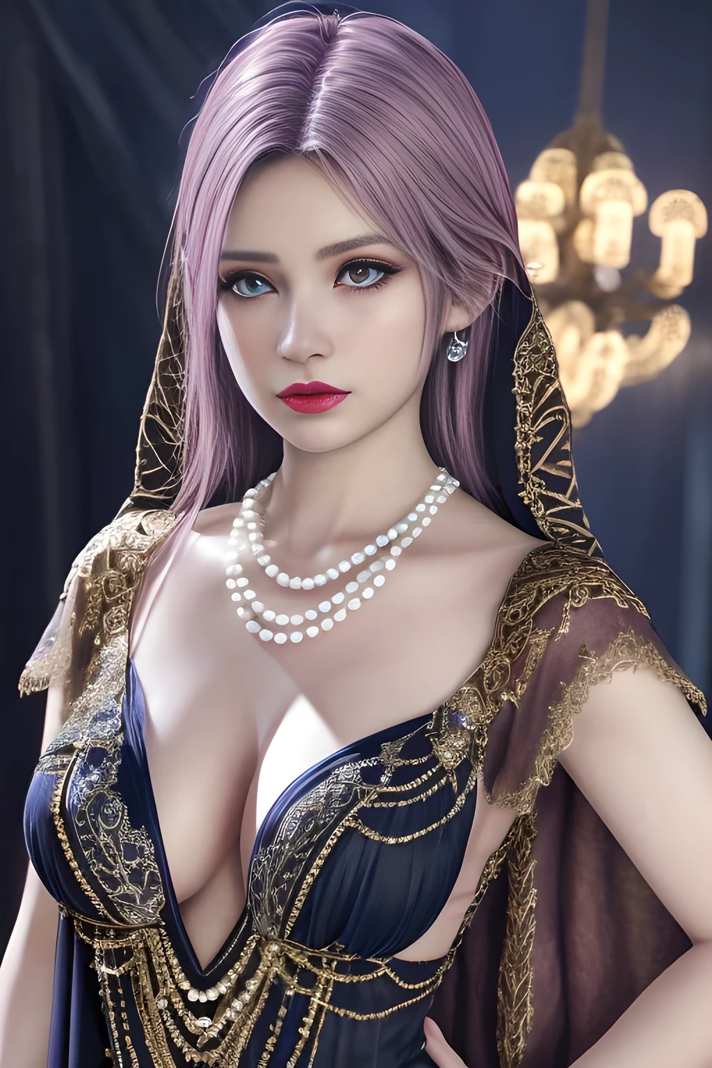 1 girl,  ice-crystal embellished dress, jewel, lace cloak, fluffs, pearl bodychain, ethereal glow, regal elegance, intricate details, luxurious, royal, otherworldly beauty, dark atmospheric background, supernatural aura, beautiful detailed eyes, beautiful detailed lips, extremely detailed eyes and face, long eyelashes, (best quality,4k,8k,highres,masterpiece:1.2), ultra-detailed, (realistic,photorealistic,photo-realistic:1.37), sharp focus, vivid colors, HDR, studio lighting, physically-based rendering,  elise,