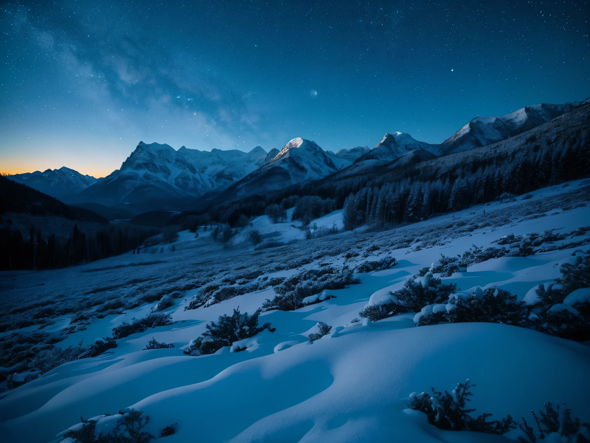 A serene winter dark night scene in a mountainous region, contrasting with the cold blue tones of the snow-covered landscape.